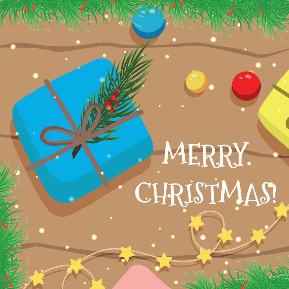 Vector cartão de Natal com um presente, uma guirlanda e brinquedos para árvores de Natal em uma mesa de madeira