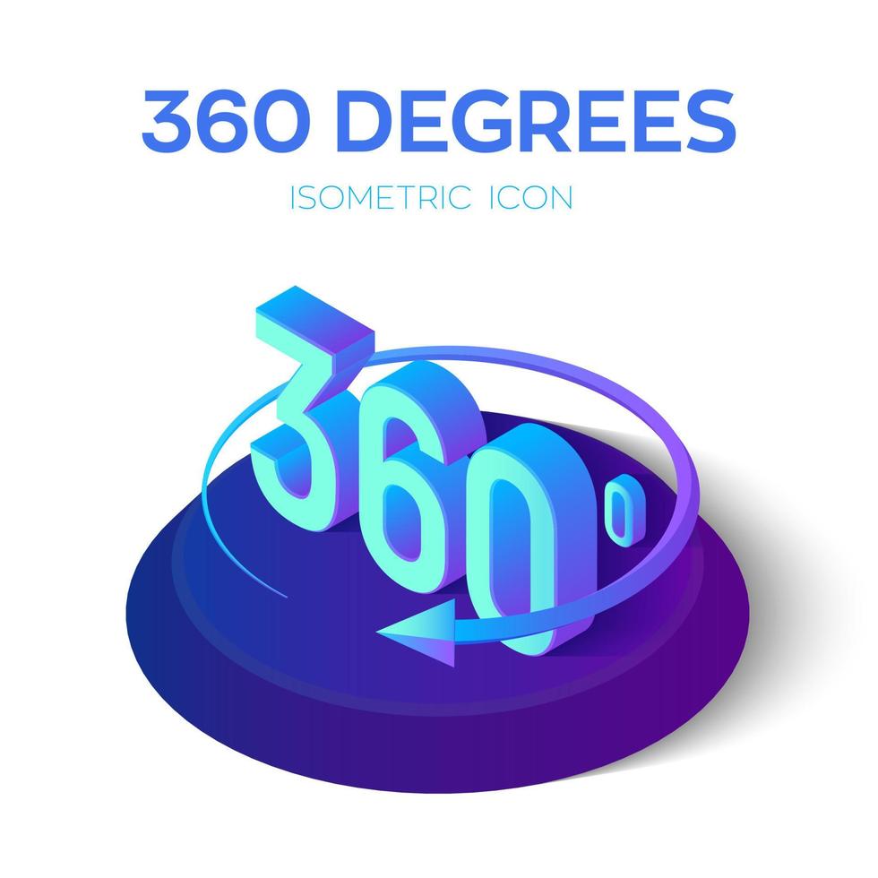 Sinal de 360 graus. Ângulo isométrico 3D ícone de exibição de 360 graus. realidade virtual. símbolo de matemática de geometria. criado para celular, web, decoração, produtos de impressão, aplicativos. ilustração vetorial. vetor