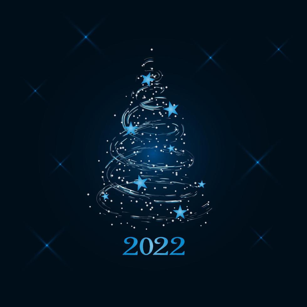 Natal mágico feito de tempestades de neve e árvore de flocos de neve com uma estrela azul em um fundo azul escuro. Feliz Natal e Feliz Ano Novo 2022. ilustração em vetor. vetor