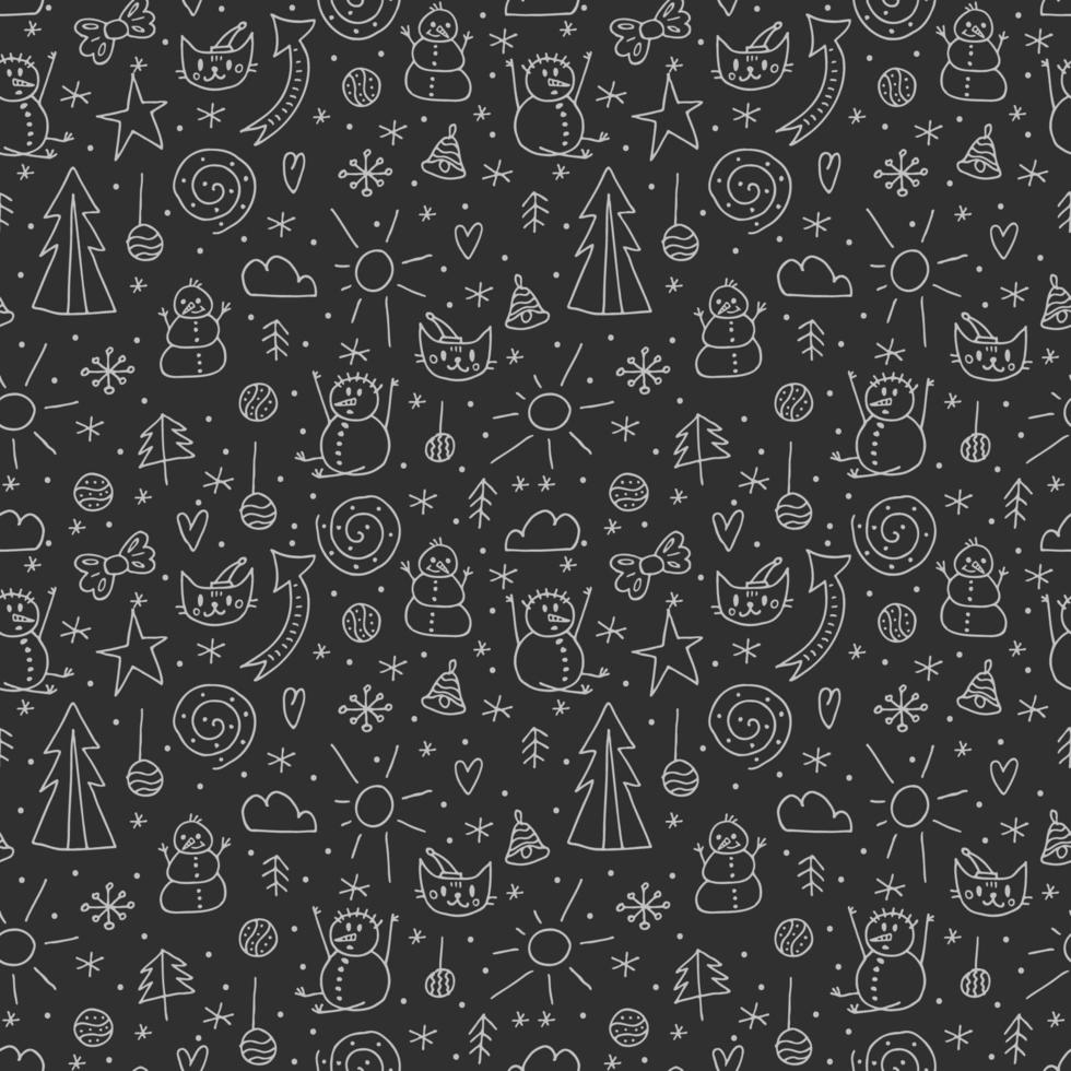 um conjunto de elementos do doodle. inverno 2022. objetos de inverno desenhados à mão em um fundo de quadro-negro. vetor