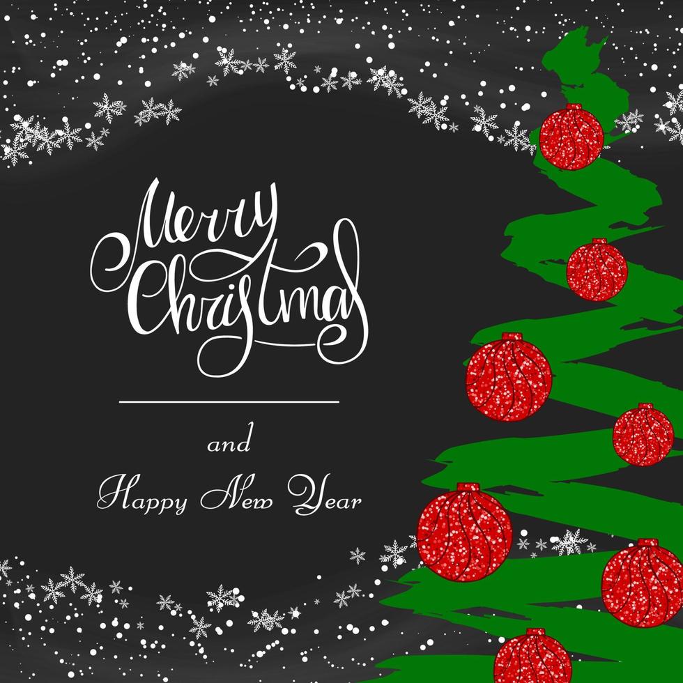 manuscrita letras feliz Natal e feliz ano novo 2022. árvore de Natal com bolas vermelhas cintilantes e tempestade de neve branca. vetor