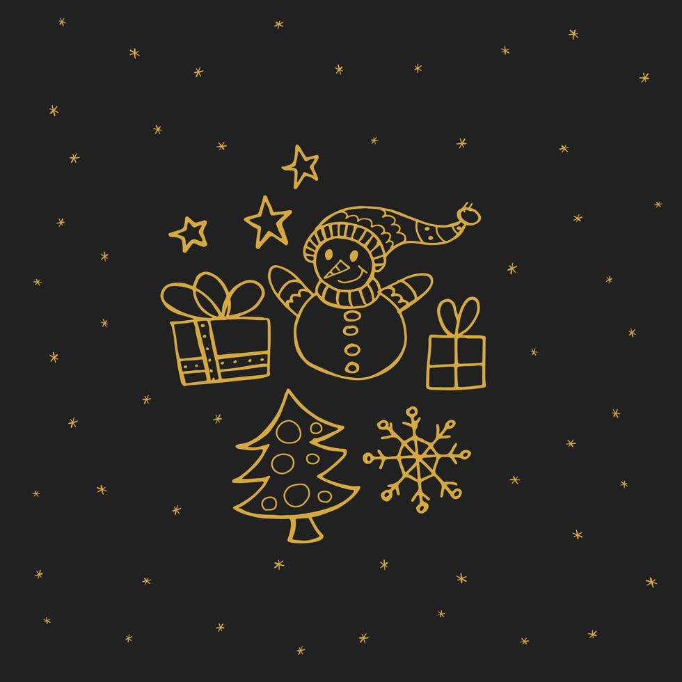 boneco de neve dourado com presentes e estrelas em um fundo cinza escuro com flocos de neve. feliz ano novo 2022 e feliz natal. doodle desenhado à mão. vetor