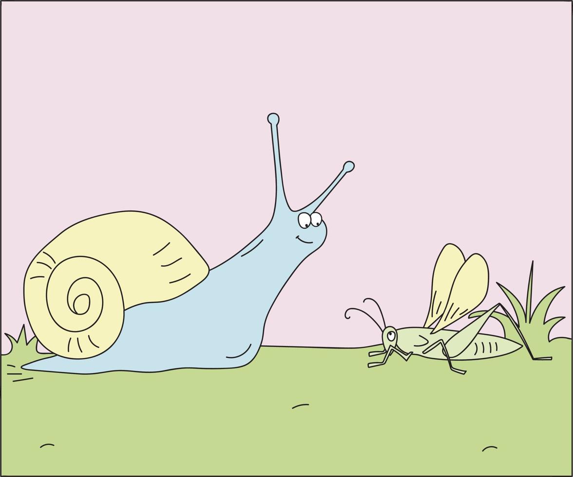 ilustração infantil de doodle onde um gafanhoto fica de pé com um caracol vetor