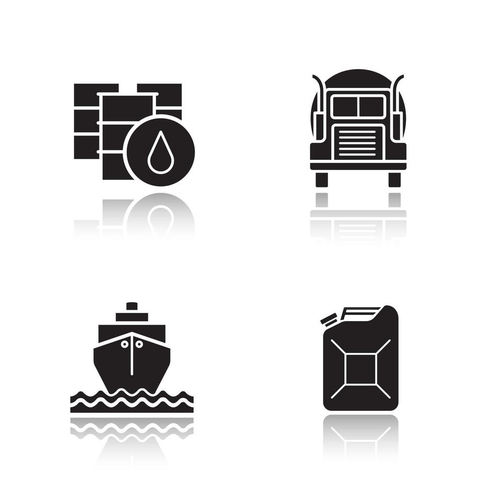 conjunto de ícones pretos de sombra projetada de transporte de óleo. barris de gasolina e bidão de gasolina, navio de carga e caminhão-tanque de transporte. ilustrações vetoriais isoladas vetor