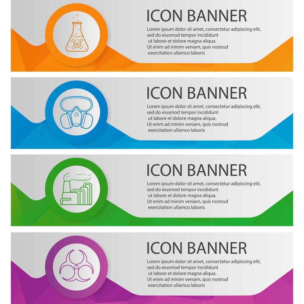 conjunto de modelos de banner de poluição industrial. fácil de editar. fábrica, veneno, símbolo de risco biológico, máscara de gás. itens de menu do site com ícones lineares. conceitos de banner de web poligonal de cores. fundos vetoriais vetor