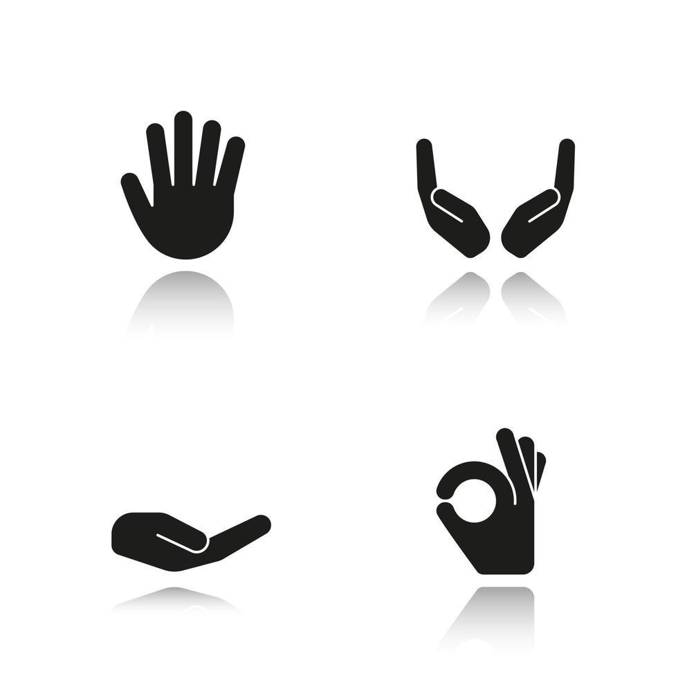 gestos com as mãos soltar o conjunto de ícones pretos de sombra. implorando e mãos em concha, palma, gesto de ok. ilustrações vetoriais isoladas vetor