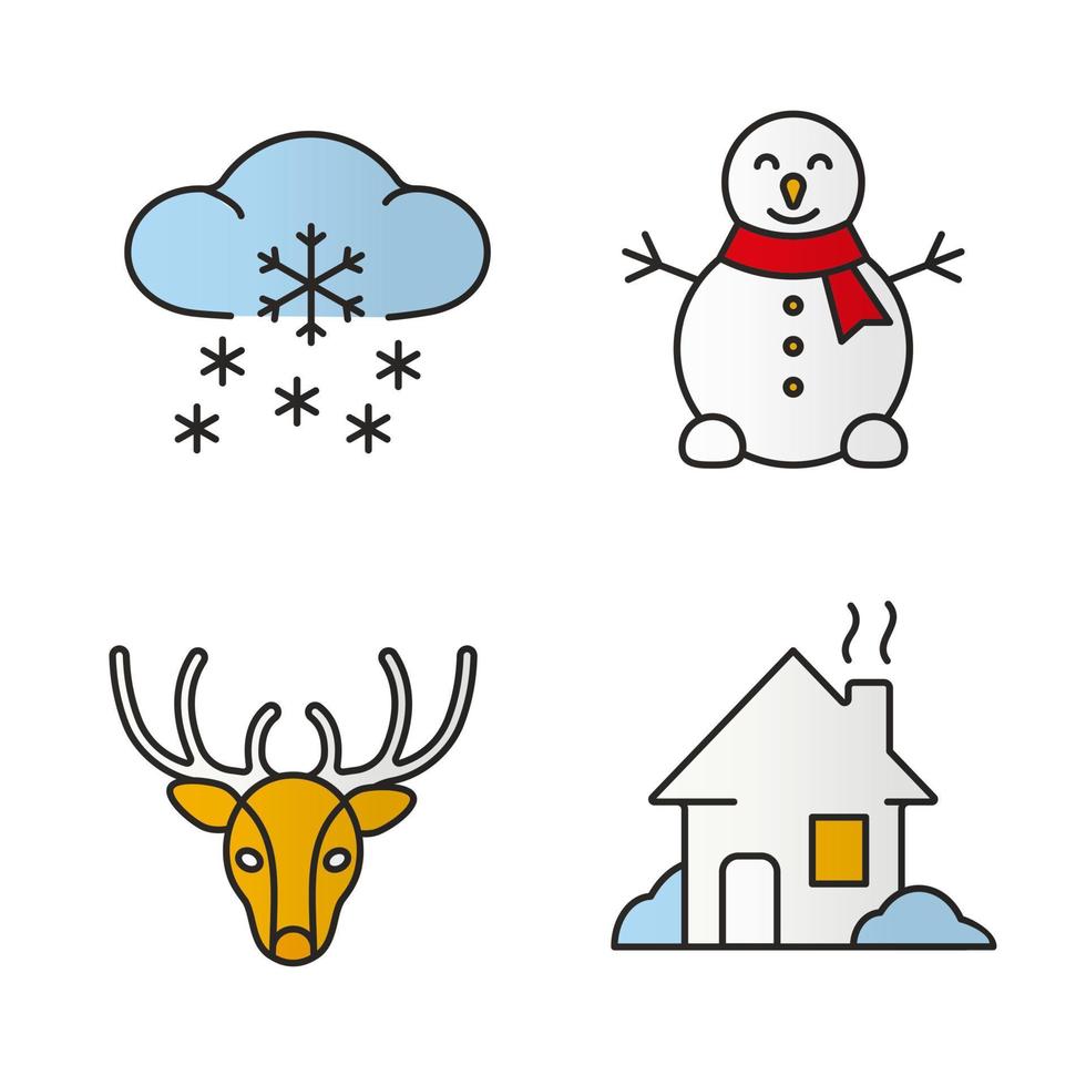 conjunto de ícones de cores da temporada de inverno. boneco de neve, rena, casa, queda de neve de inverno. ilustrações vetoriais isoladas vetor