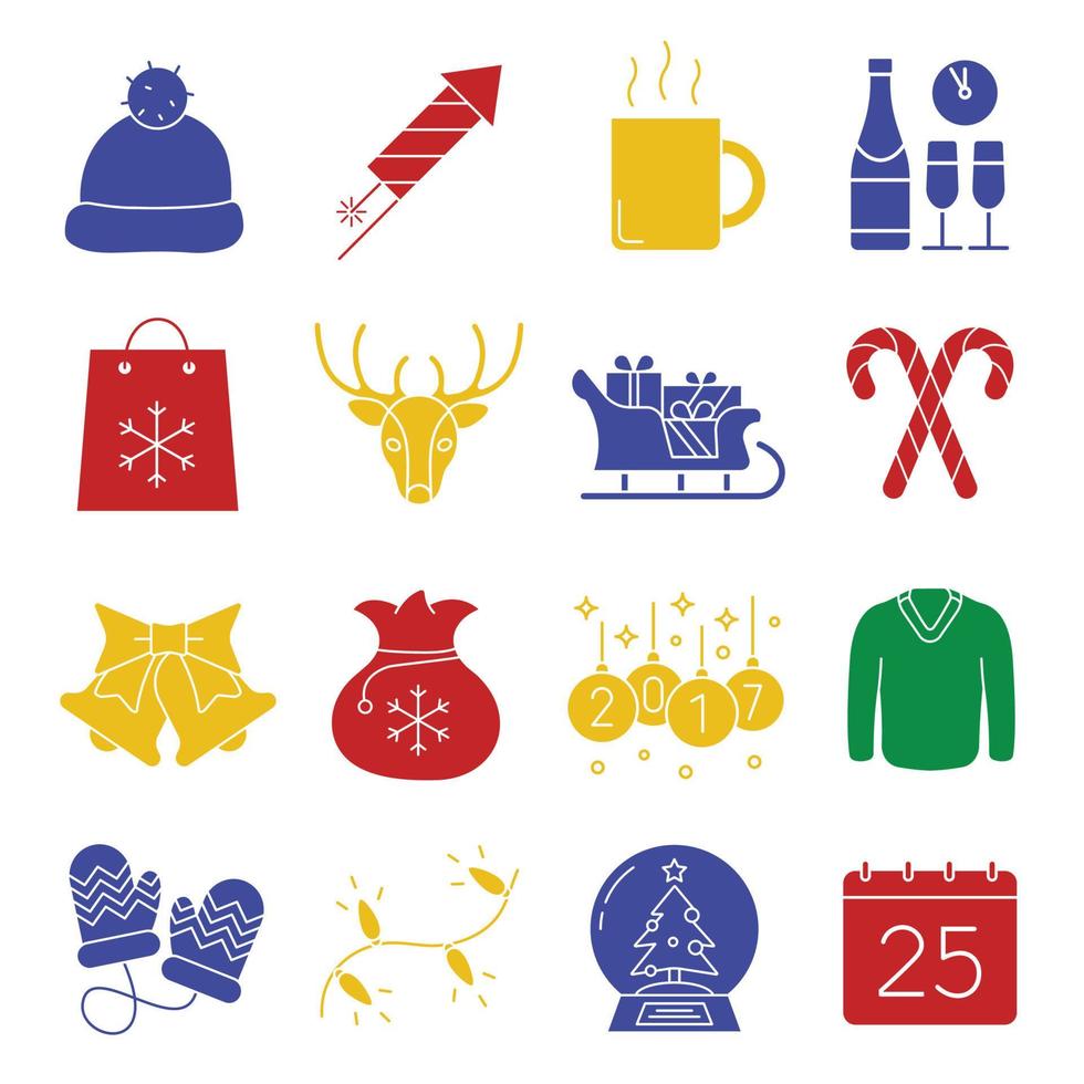 conjunto de ícones de Natal. símbolos de silhueta de cor de ano novo. fogos de artifício, caneca, champanhe, trenó de Papai Noel, saco de chapéu e presentes, bastões de doces, sinos, suéter, bolas de 2017. ilustração isolada do vetor