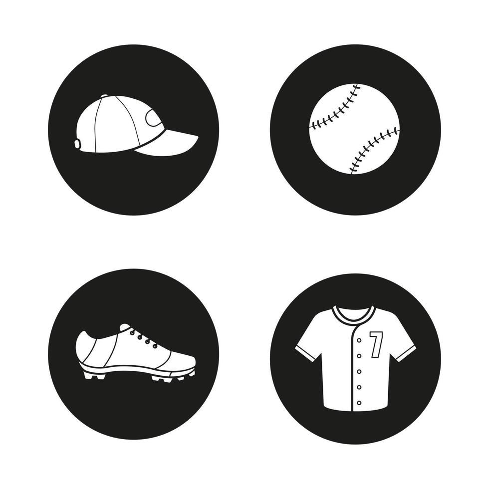 conjunto de ícones de beisebol. equipamento de softball. bola, boné, sapato e t-shirt. Ilustrações vetoriais de silhuetas brancas em círculos pretos vetor