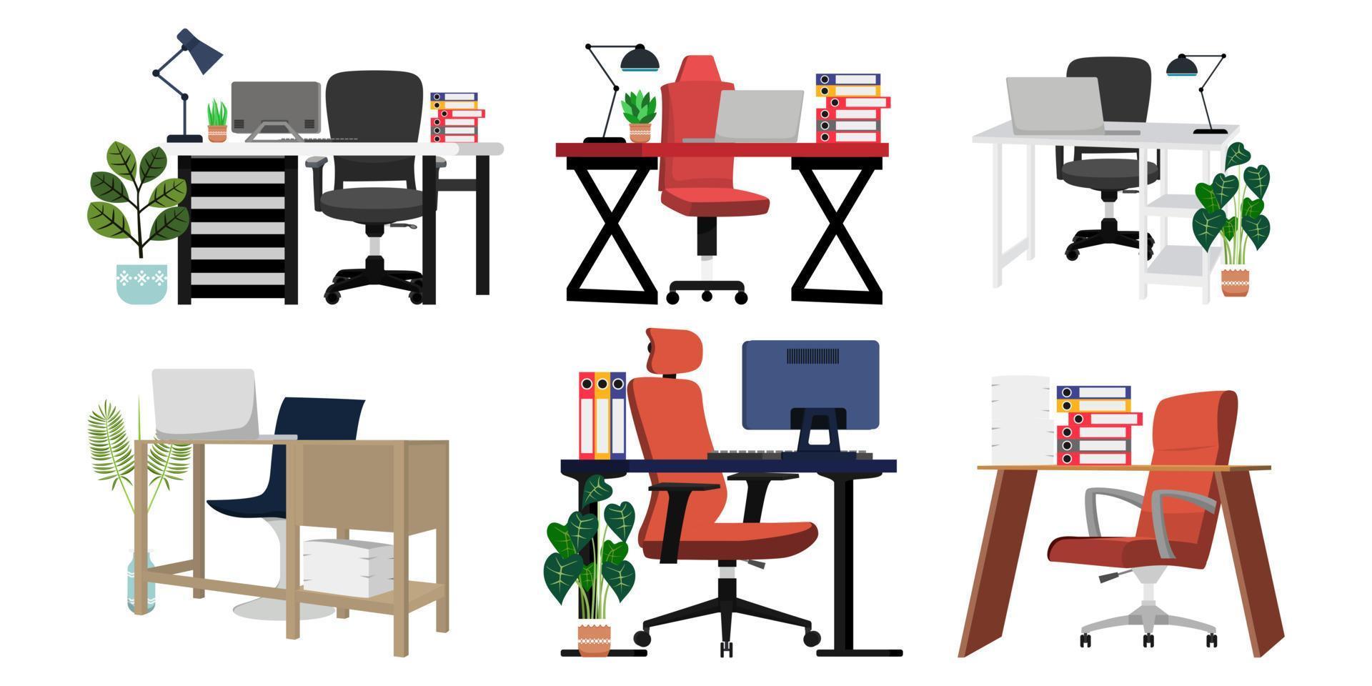 bela mesa definida para freelancer de escritório em casa com design diferente com cadeira mesa gaveta alguma pasta de arquivo de pilha de papel e plantas de casa vetor