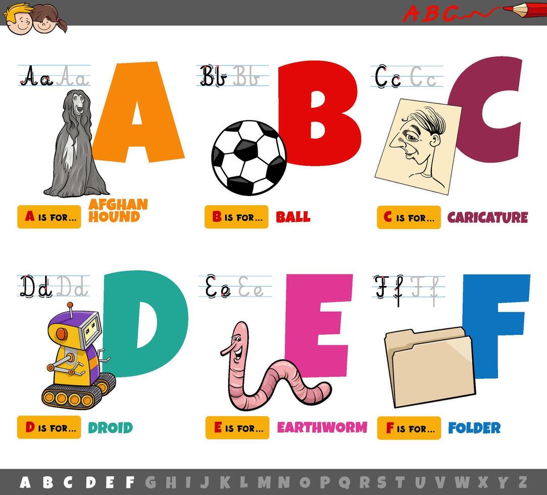 letras do alfabeto de desenhos animados educacionais para crianças de a a f vetor