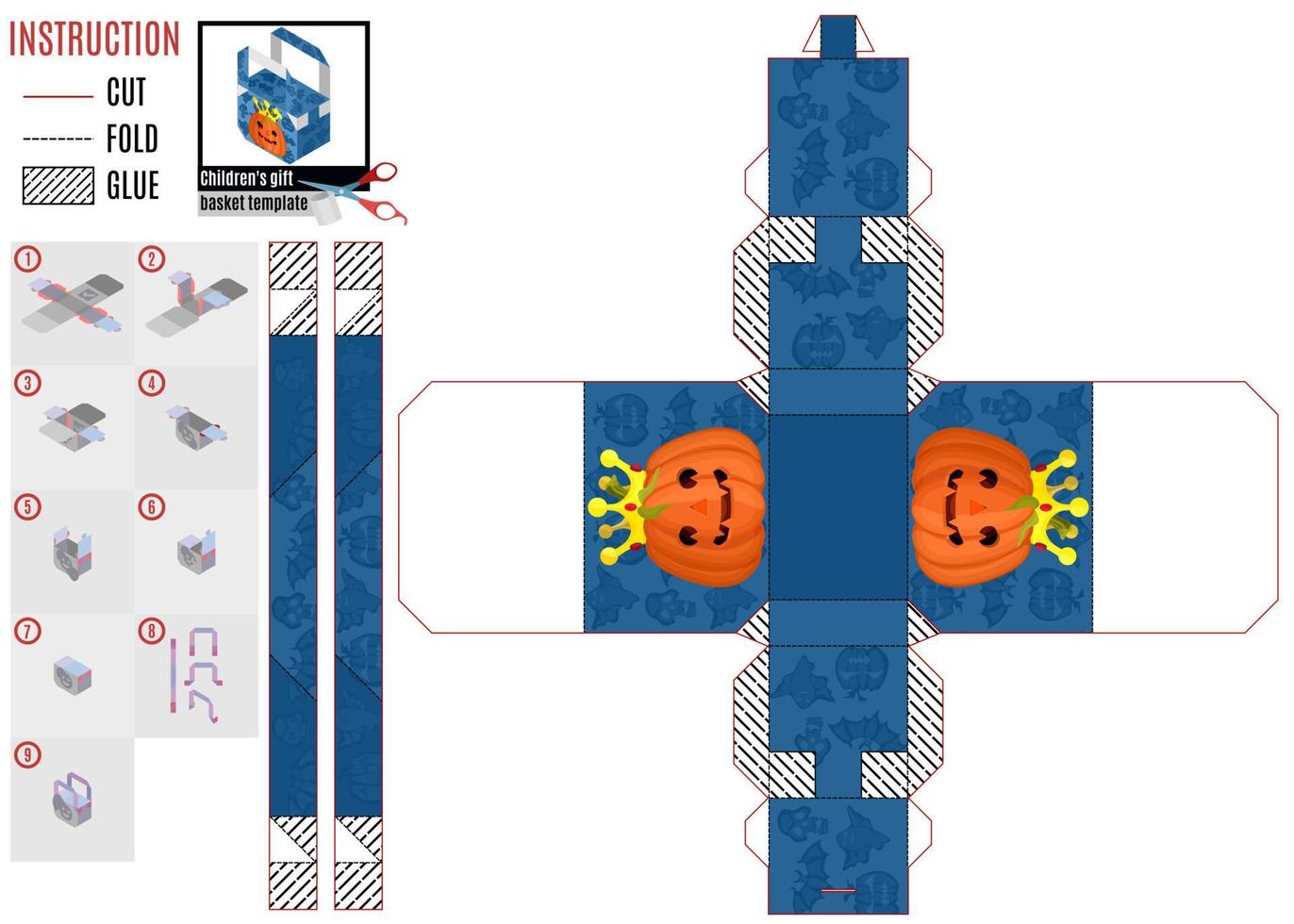 modelo para construir uma caixa azul para o dia das bruxas com uma abóbora em vetor