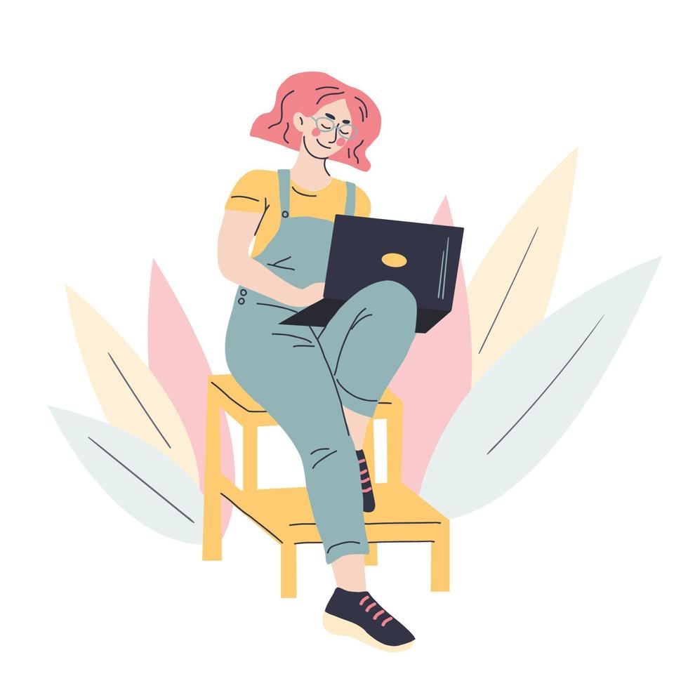 personagem feminina trabalhando em um laptop. escritório em casa ou conceito de pequeno negócio online. ilustração vetorial desenhada à mão vetor