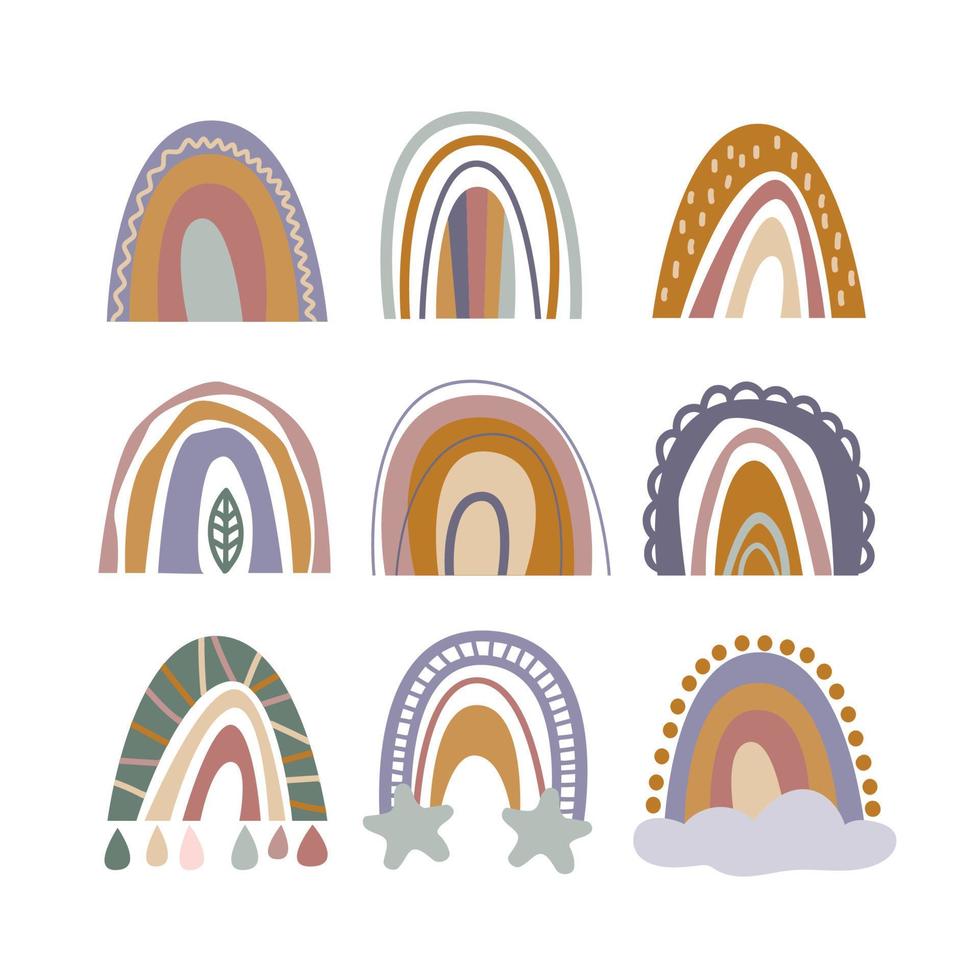 conjunto de nove arco-íris desenhados à mão. decoração de parede de berçário, estilo boho vintage minimalista. símbolo do arco para convite para festa de chá de bebê vetor