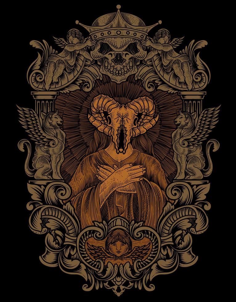 ilustração crânio de cabra satã com moldura de ornamento gravada vetor