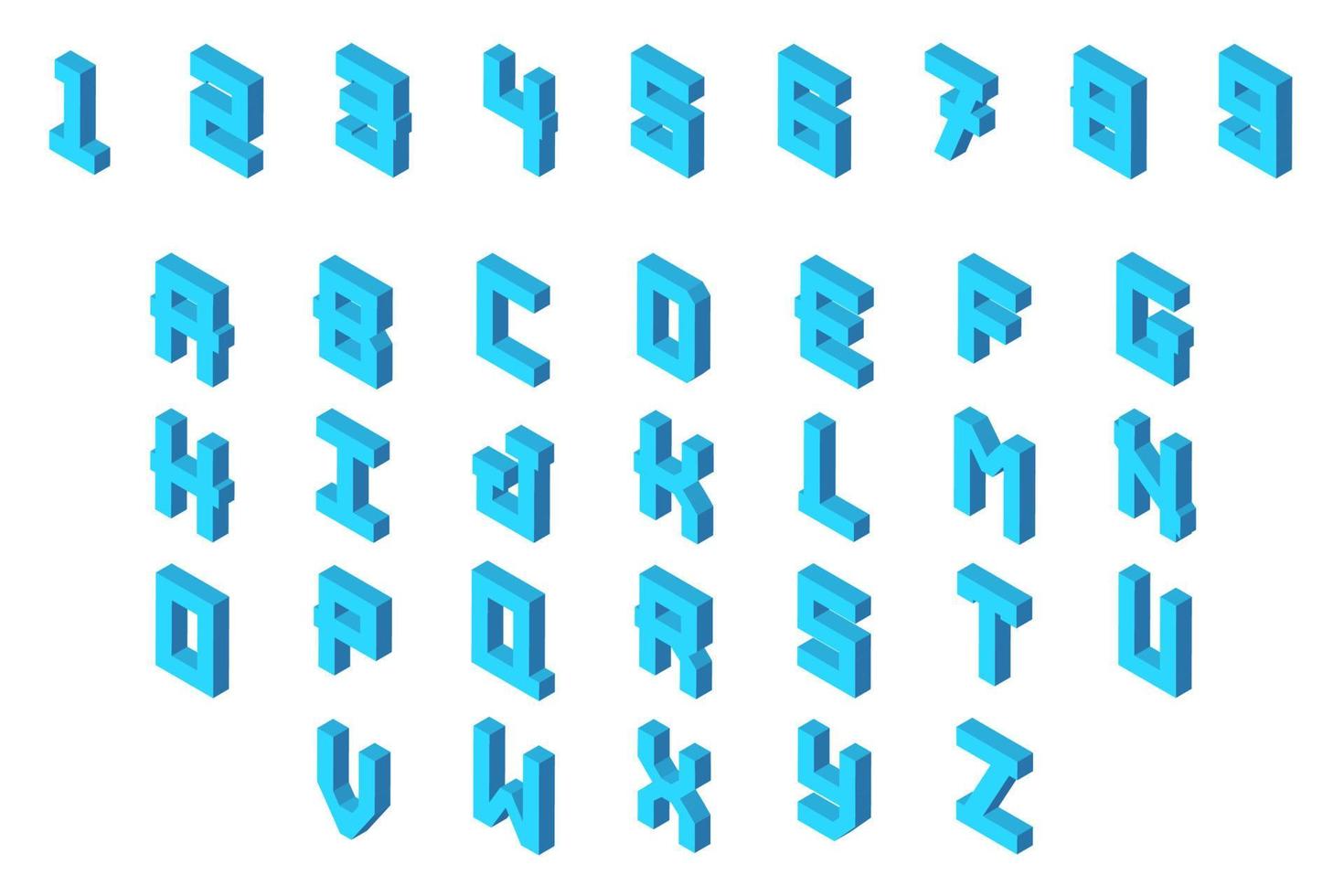 Letras de renderização 3D. caracteres do alfabeto isométrico e números na cor azul, isolados no fundo branco. isometria letras maiúsculas abs e números. vetor