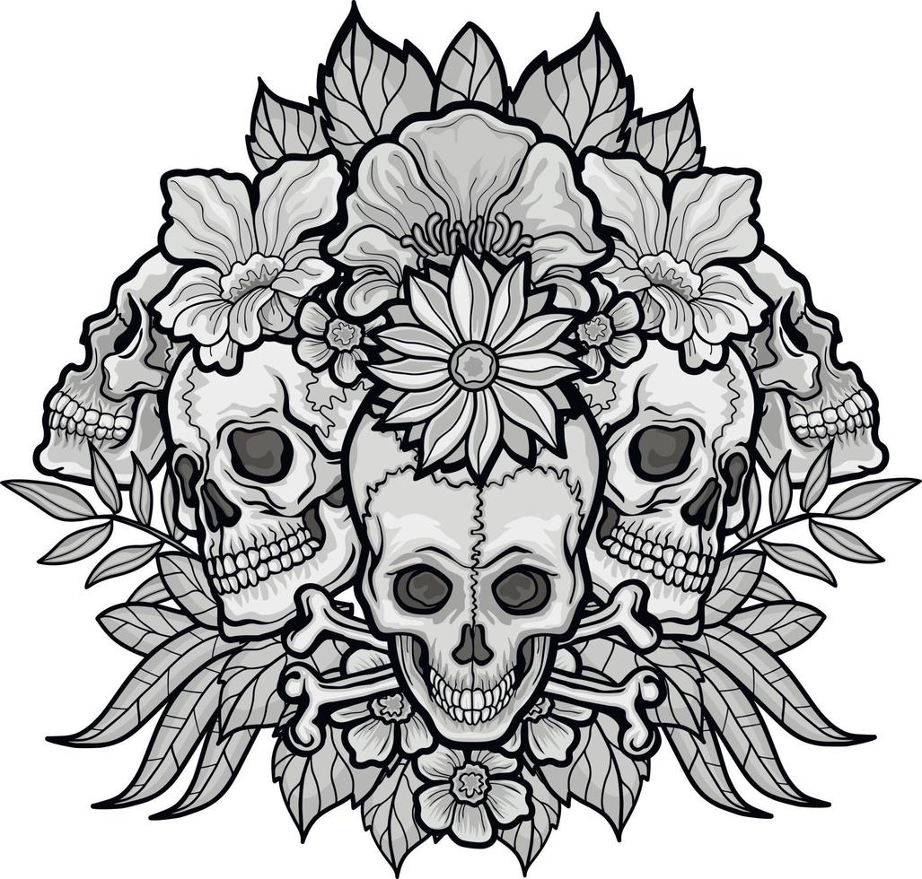 letreiro gótico com caveira e flores, camisetas com design vintage do grunge vetor