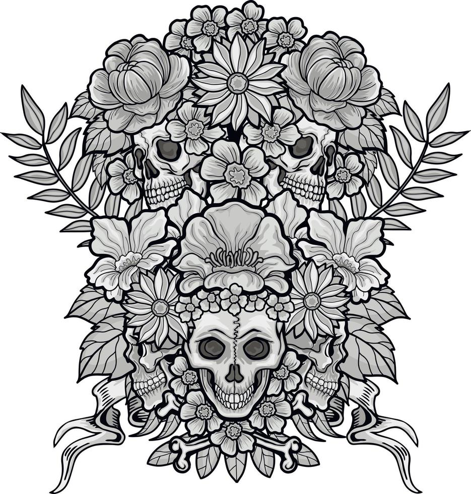 letreiro gótico com caveira e flores, camisetas com design vintage do grunge vetor
