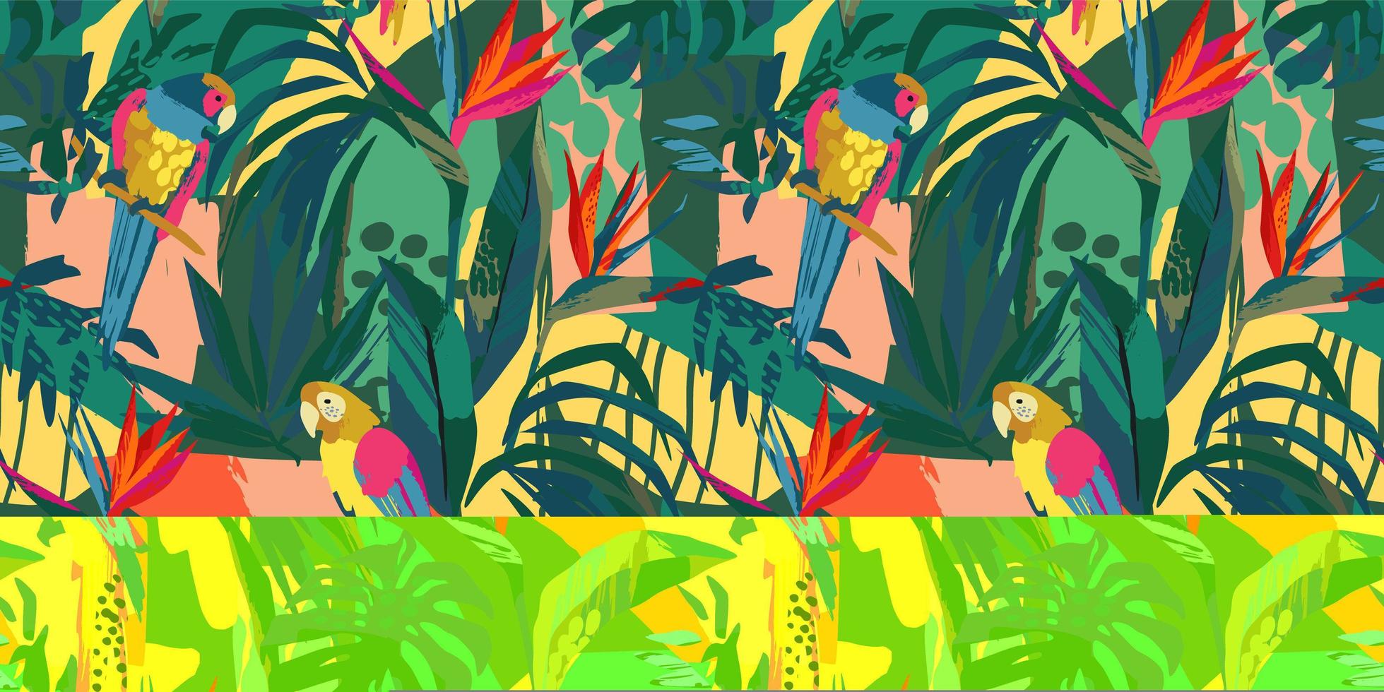arte abstrata sem costura padrão com papagaios e folhas tropicais. design exótico moderno para papel, capa, tecido, decoração de interiores e outros vetor