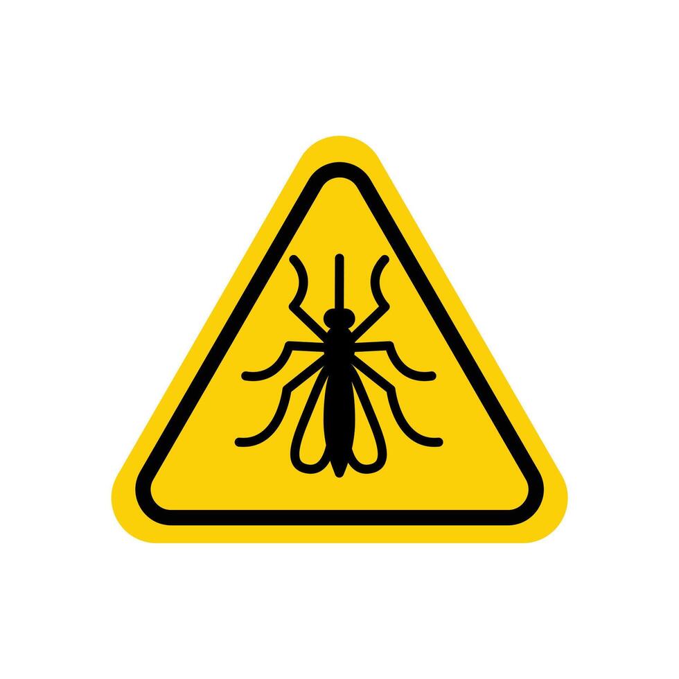 mosquito Atenção placa. plano ilustração isolado em branco fundo. amarelo triângulo com Preto negrito simétrico mosquito silhueta dentro linha quadro. vetor