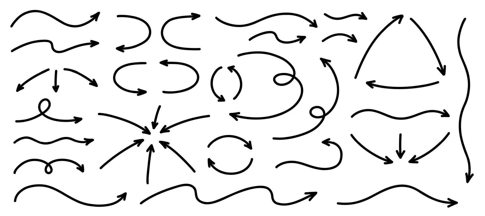 mão desenhado semivrado linha Setas; flechas definir. curvilíneo, ondulado e em linha reta Setas; flechas isolado em branco fundo. vetor