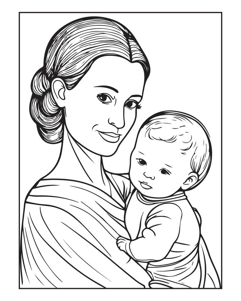 feliz mãe dia coloração página ilustrações, fofa kawaii mãe segurando dele criança, desenho animado personagem, mãe dia Preto e branco vetor