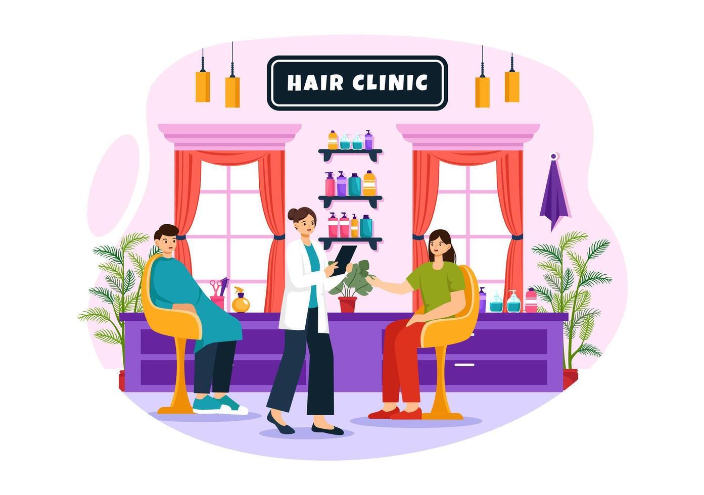 cabelo clínica ilustração com cabeleireiro, corte de cabelo, cuidado capilar e Penteado dentro beleza salão ou barbeiro dentro plano desenho animado fundo vetor