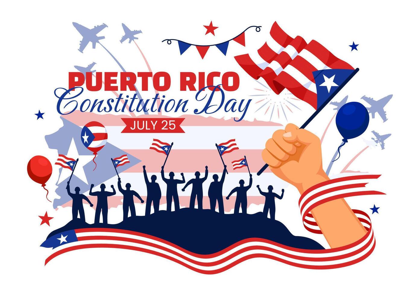 feliz porto rico constituição dia ilustração em 25 Julho com acenando bandeira e fita dentro nacional feriado plano desenho animado fundo Projeto vetor