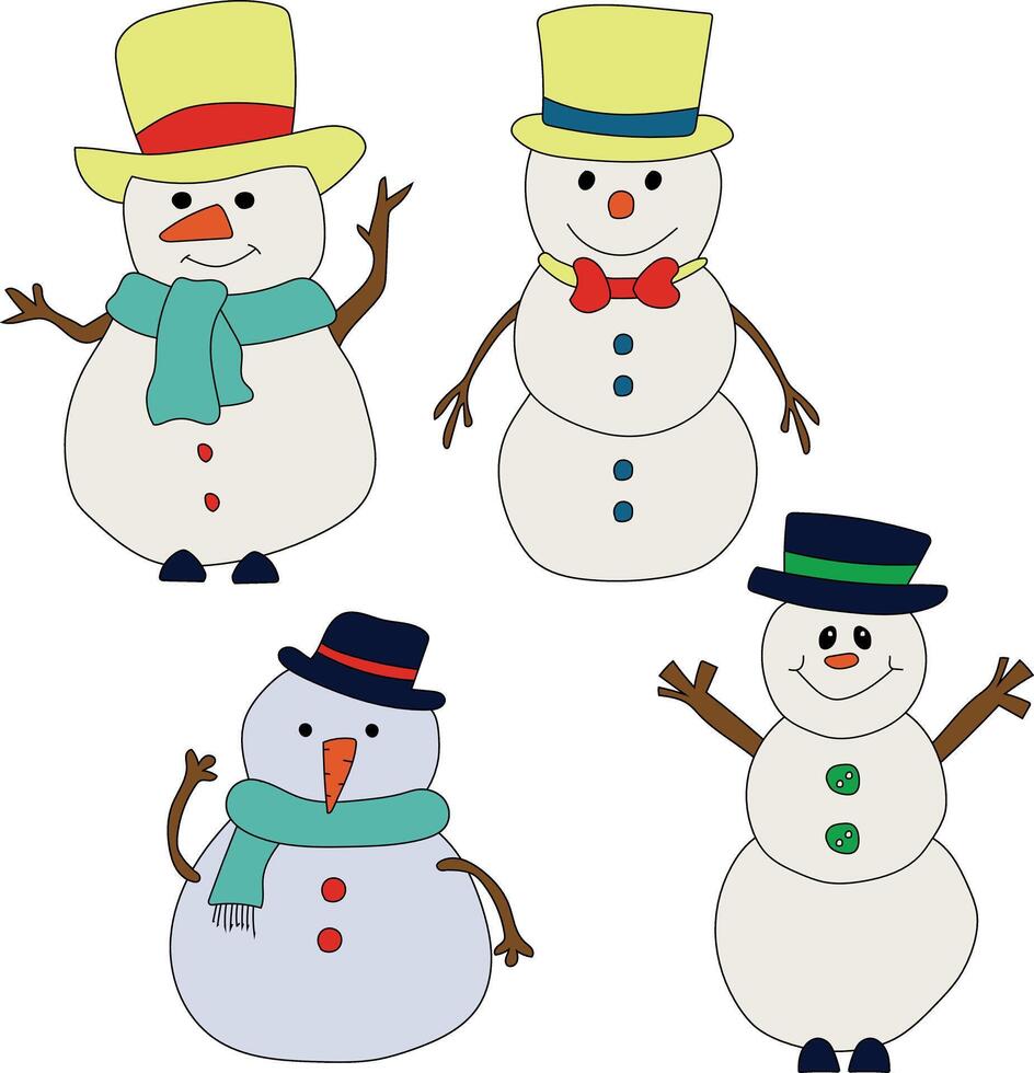 colorida boneco de neve clipart coleção para amantes do inverno temporada. isto inverno tema boneco de neve ternos Natal celebração vetor