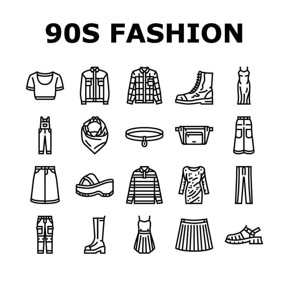 anos 90 vintage moda retro anos 80 ícones conjunto vetor