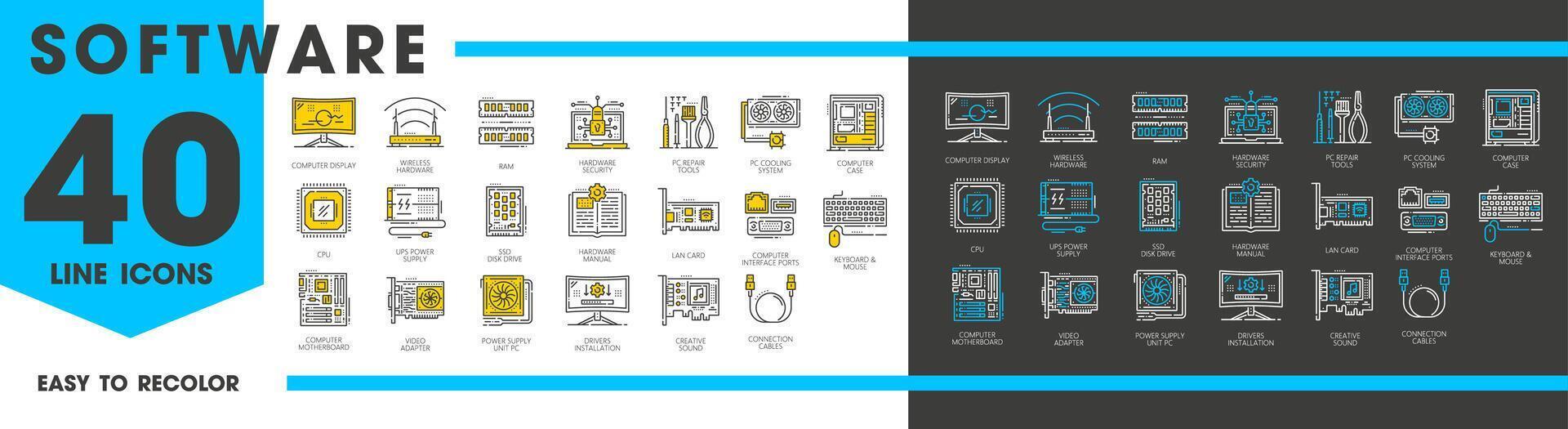 Programas e hardware linha ícones do computador pc vetor