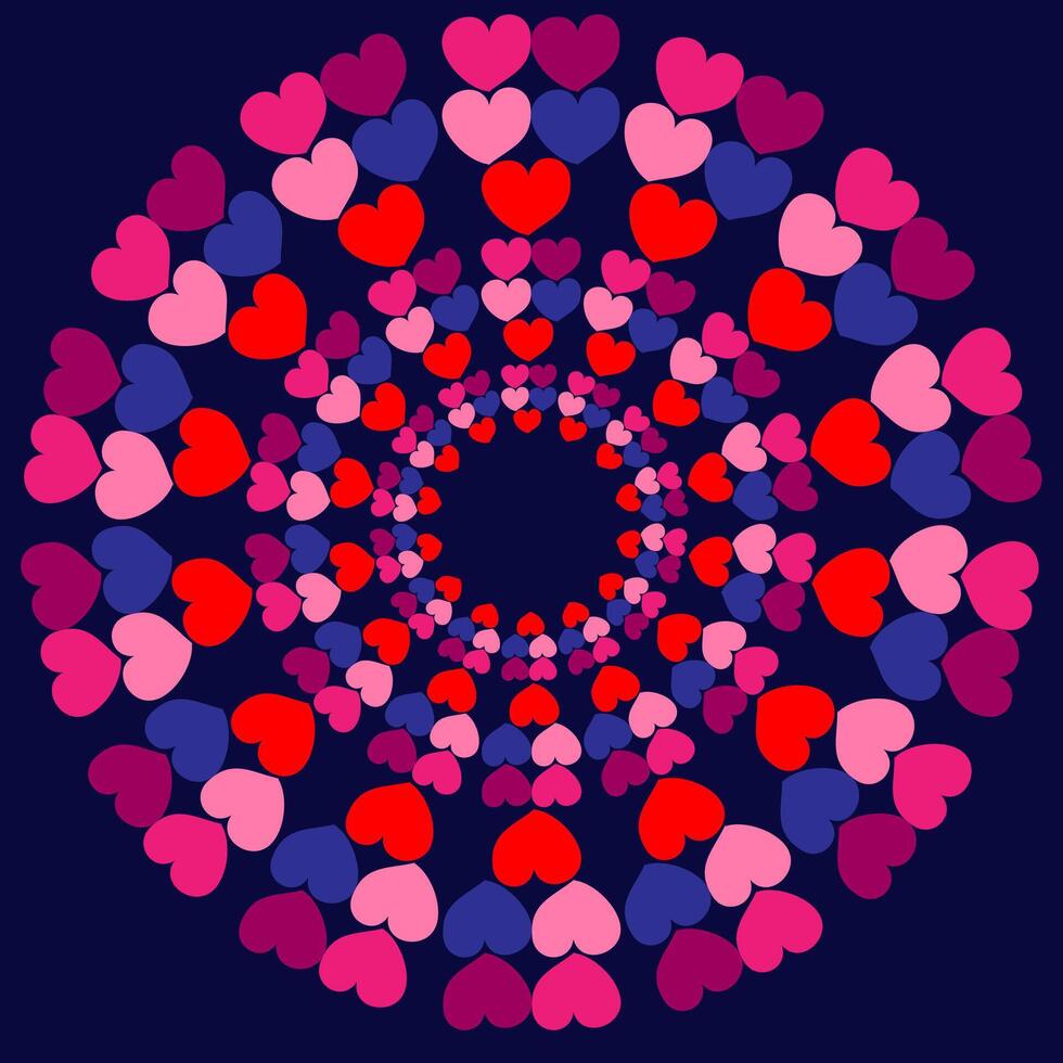 abstrato padronizar dentro a Formato do Rosa e vermelho corações arranjado dentro uma círculo em uma azul fundo vetor