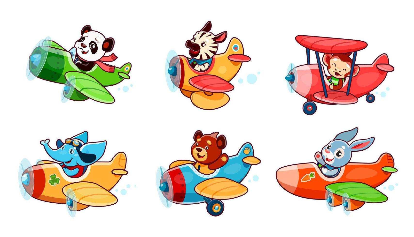 desenho animado fofa bebê animais personagens em aviões vetor