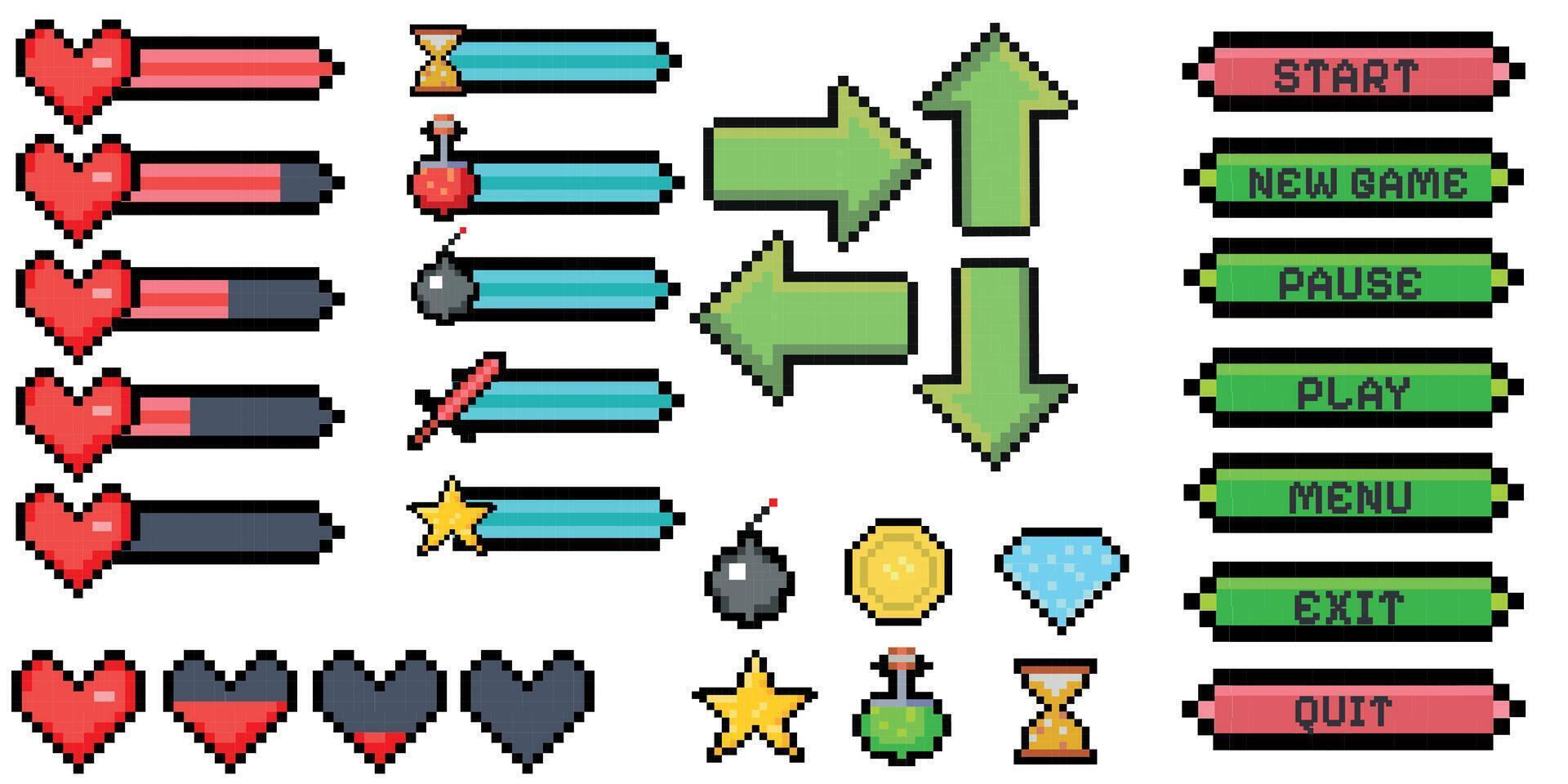 pixel jogos cardápio recursos, nível, viver bares e botões. jogos interface, pixelizada vida Barra e cardápio botão, jogos controlador Setas; flechas, pixel arte jogos Magia Unid, botão 8 mordeu pixel vetor