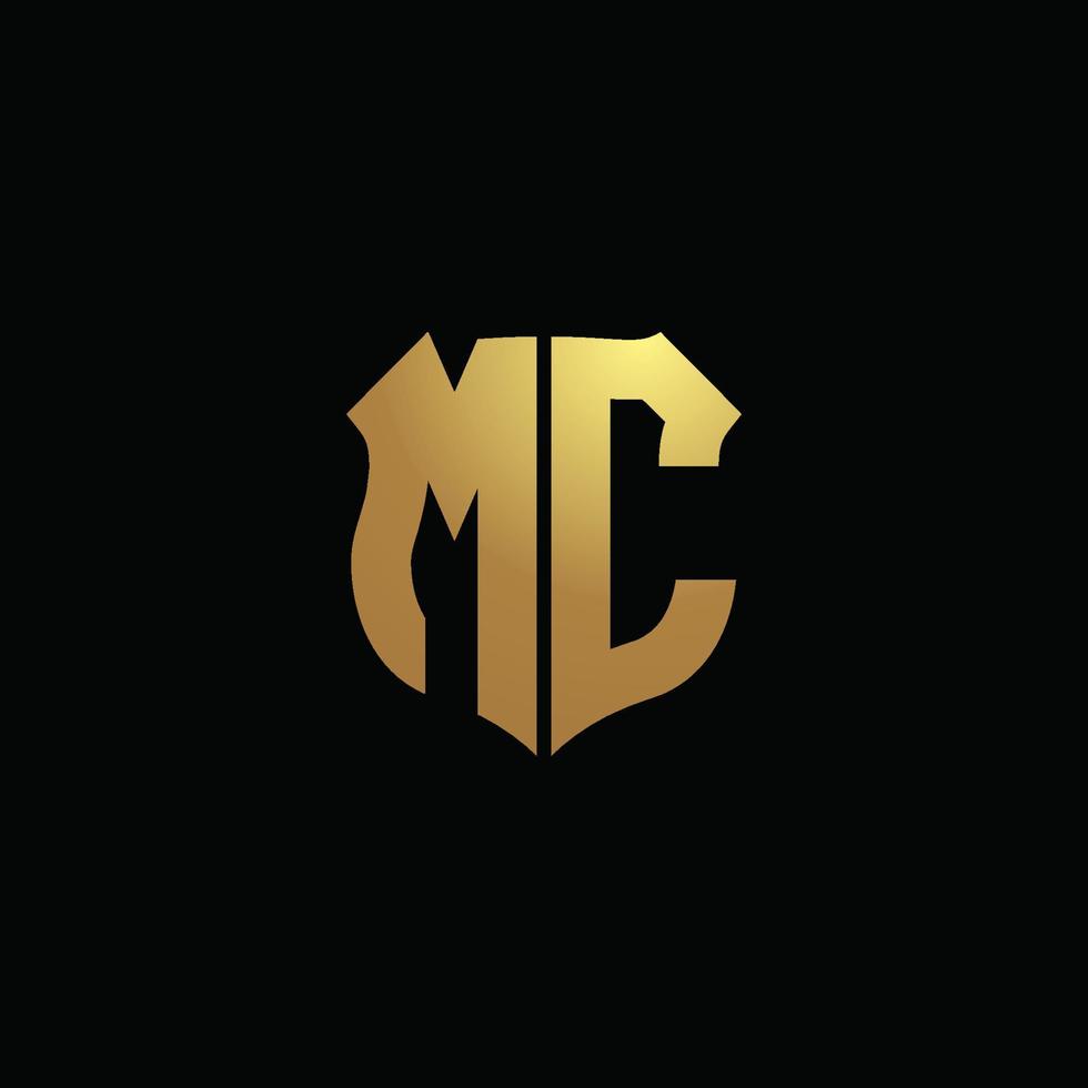 Monograma do logotipo da mc com cores douradas e modelo de design de forma de escudo vetor