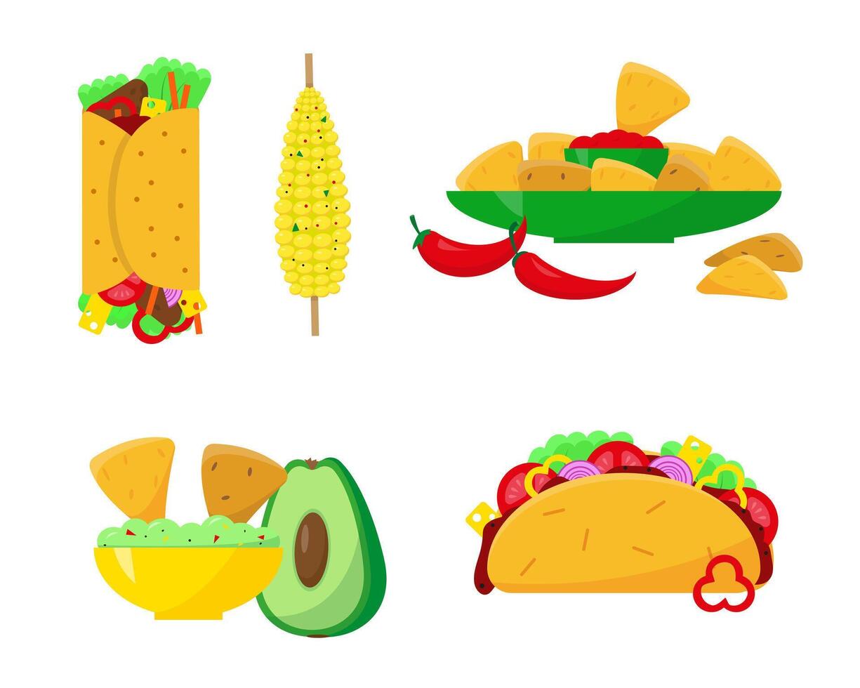 mexicano Comida conjunto ilustração. burrito, tacos, nachos, guacamole e milho. vetor