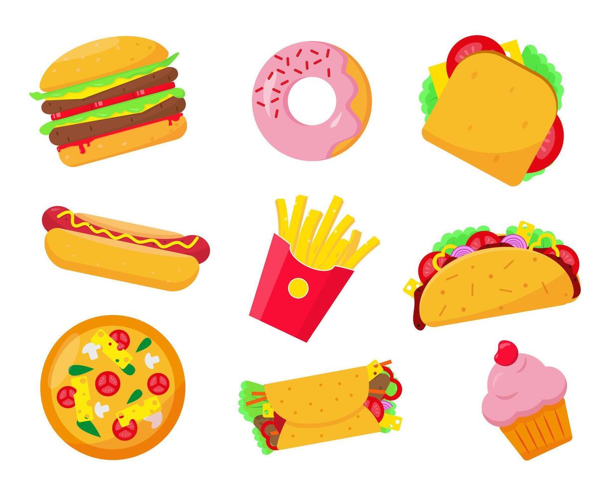velozes Comida conjunto ícones ilustração em branco fundo. velozes ou pouco saudável Comida elementos. vetor