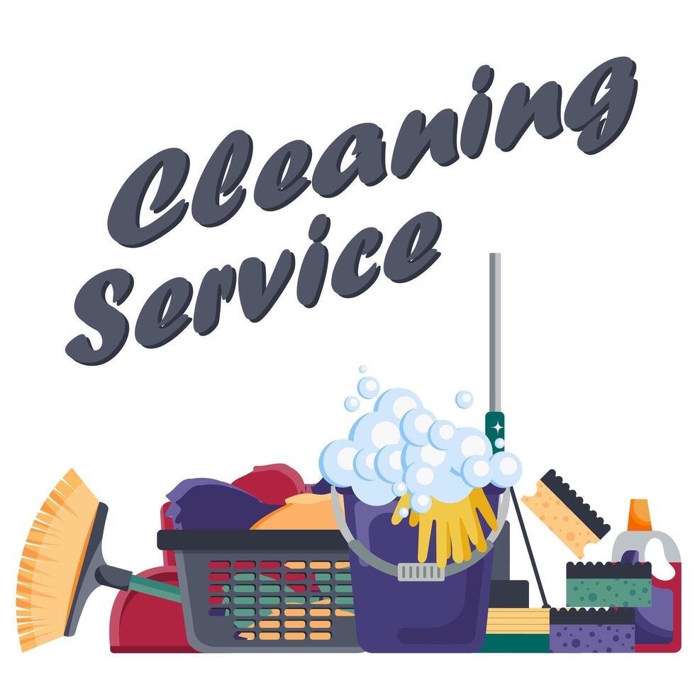limpeza equipamento. limpeza serviço conceito. poster modelo para casa limpeza Serviços com vários limpeza ferramentas. plano ilustração vetor