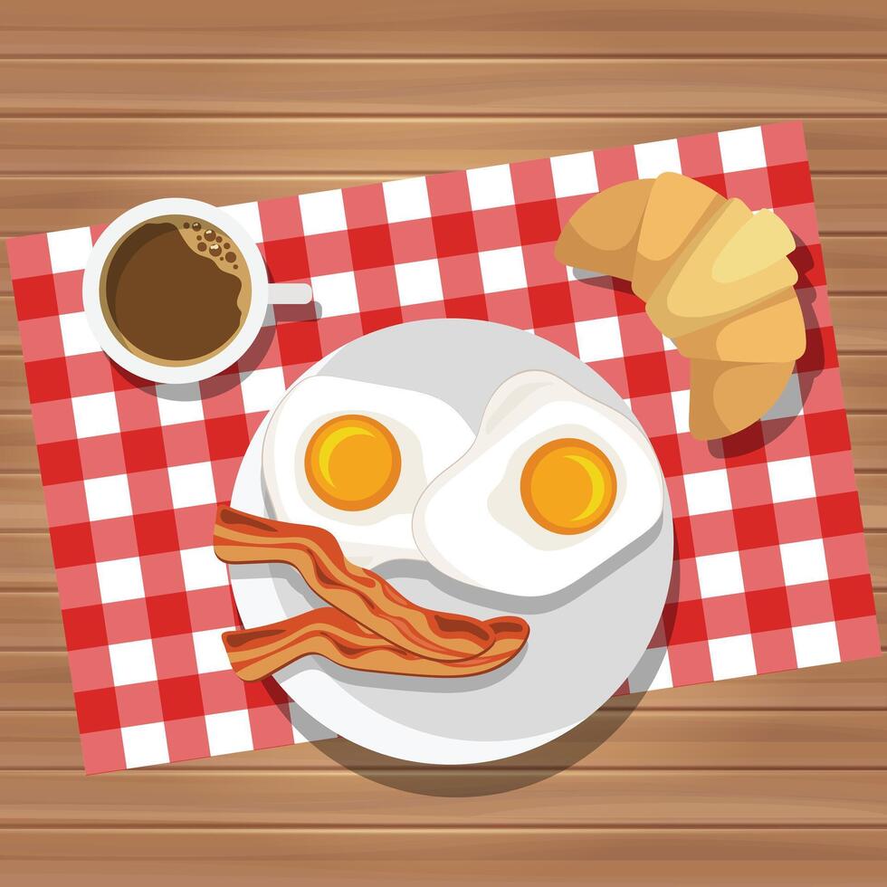 café da manhã do frito ovos e bacon com café e manteiga rolar. ilustração. comendo em uma prato é uma topo visualizar. servido café da manhã. vetor