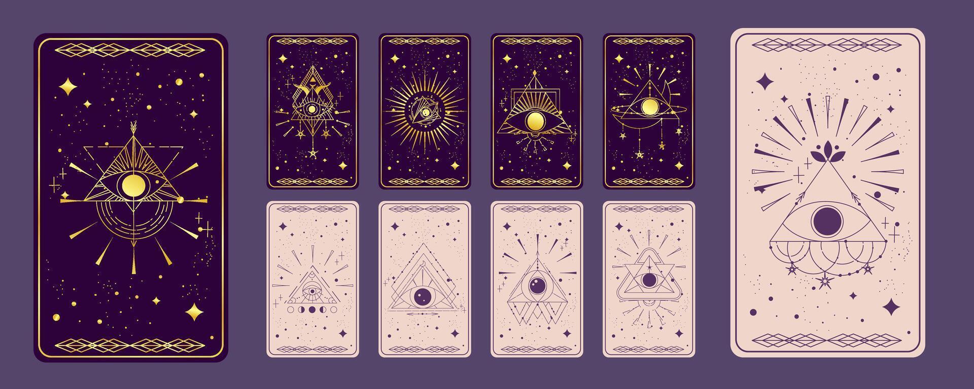 tarot cartão ouro conjunto com místico olho pirâmide isolado. boho esotérico tarot cartão com olho e estrela. ilustração. sagrado geometria celestial triângulo vetor