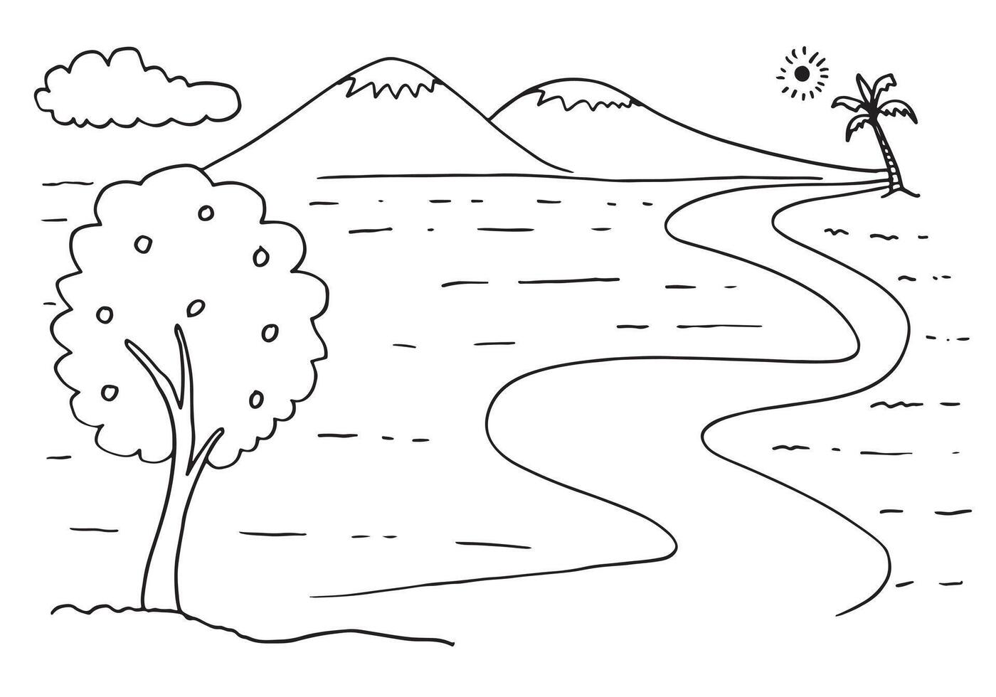 mão desenhado esboço do montanhas com sol, nuvem e árvore ilustração. vetor