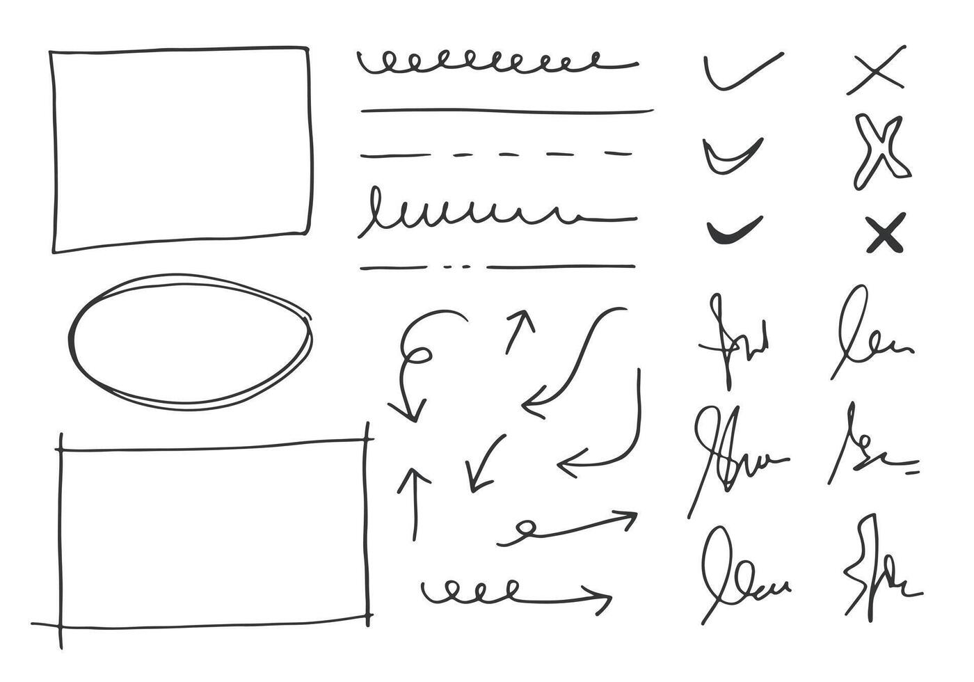 rabisco linhas e curvas.mão desenhado Verifica e Setas; flechas sinais. conjunto do simples rabisco linhas, assinatura, quadros e pontos. coleção do lápis efeitos. rabisco fronteira. simples rabisco definir. vetor