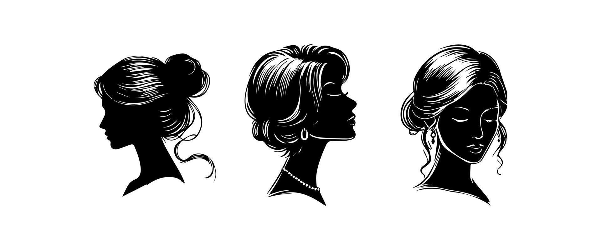 mulher cabeça silhueta, face perfil, vinheta. mão desenhado ilustração, isolado em branco fundo. Projeto para convite, cumprimento cartão, vintage estilo. vetor