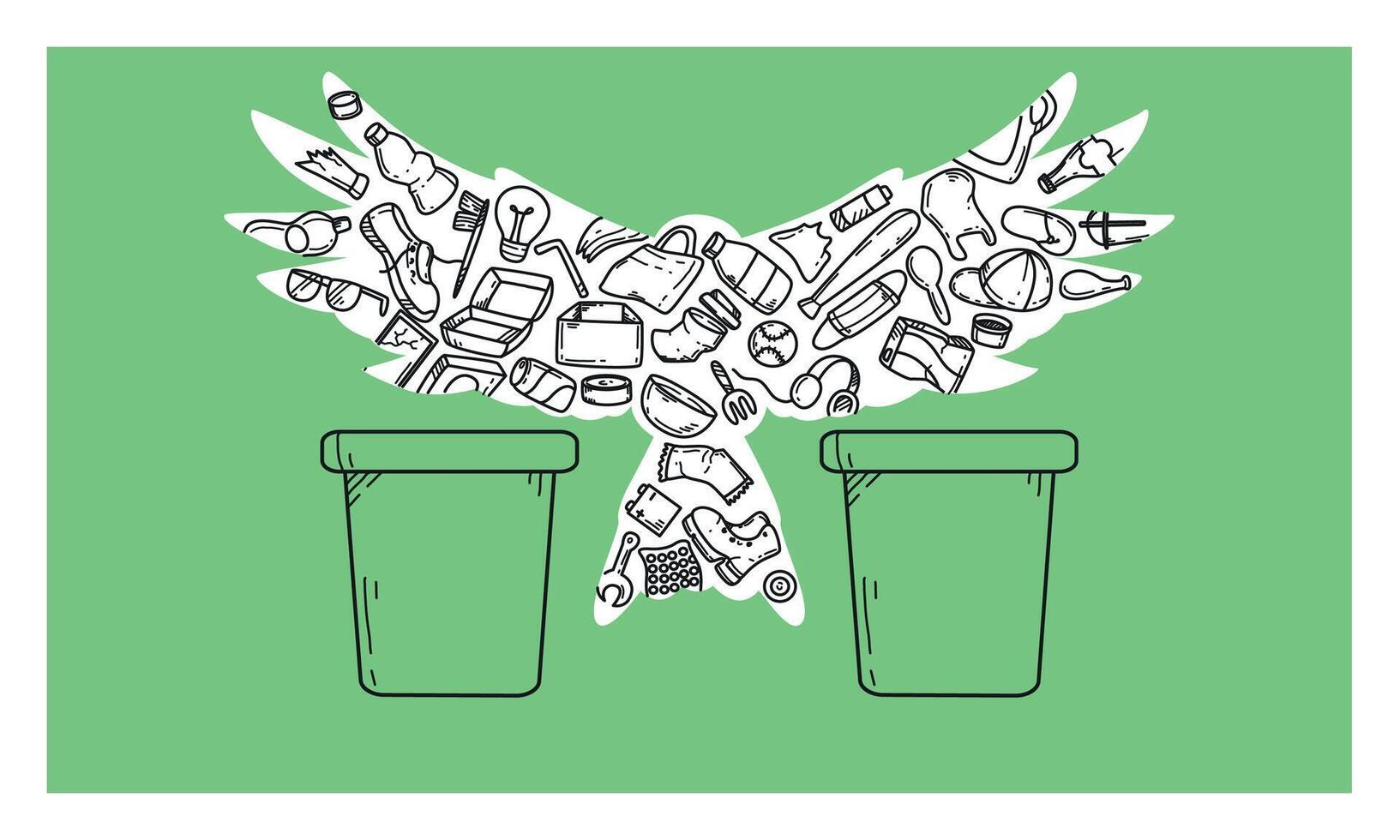Salve  nosso planeta. pássaro silhueta com lixo caixas e rabisco Lixo ícones. Pare poluição, reduzir desperdício. plástico bolsas, garrafas ou diferente tipos do lixo em verde fundo. ecologia proteção. vetor