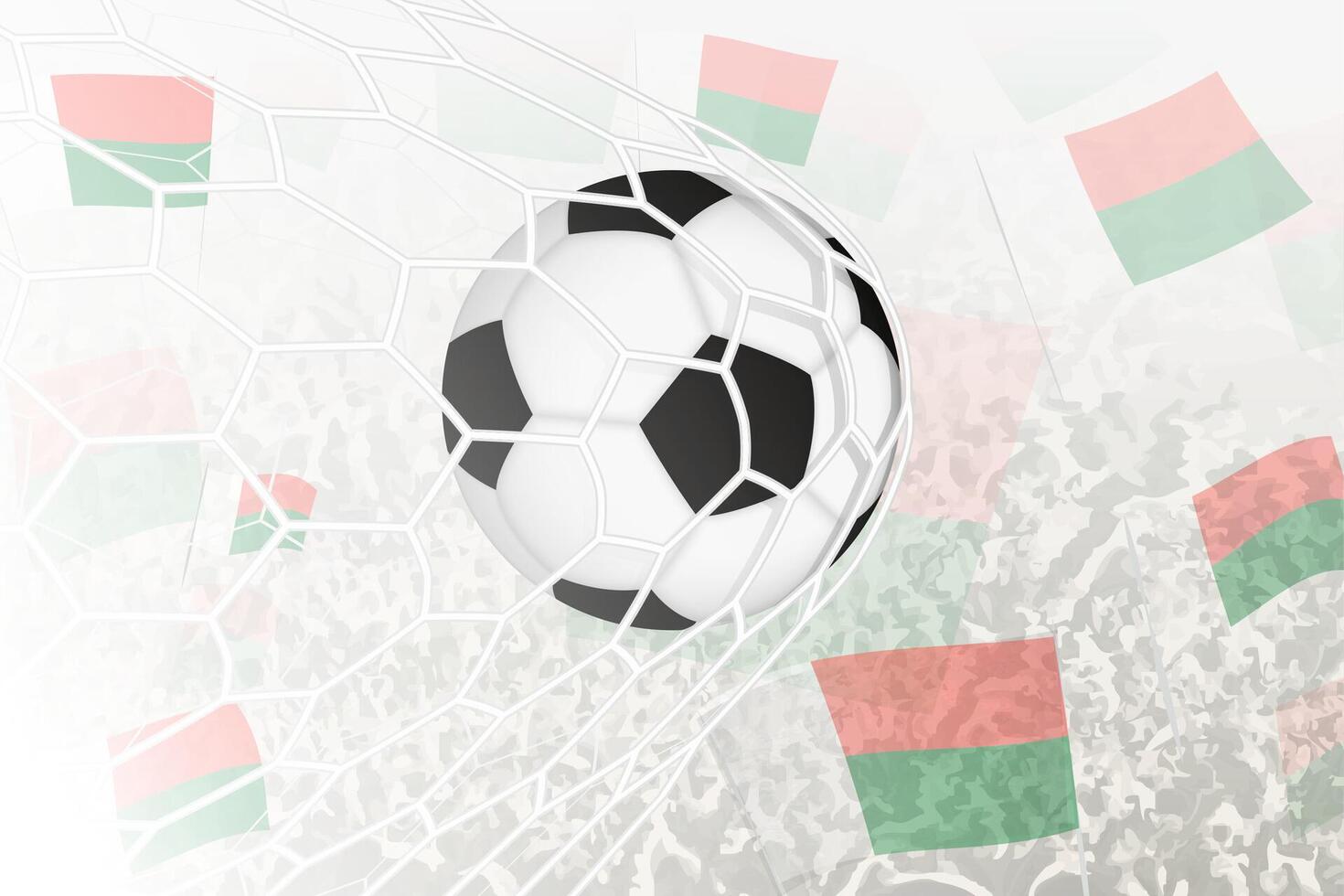 nacional futebol equipe do Madagáscar marcou meta. bola dentro objetivo líquido, enquanto futebol apoiantes estão acenando a Madagáscar bandeira dentro a fundo. vetor