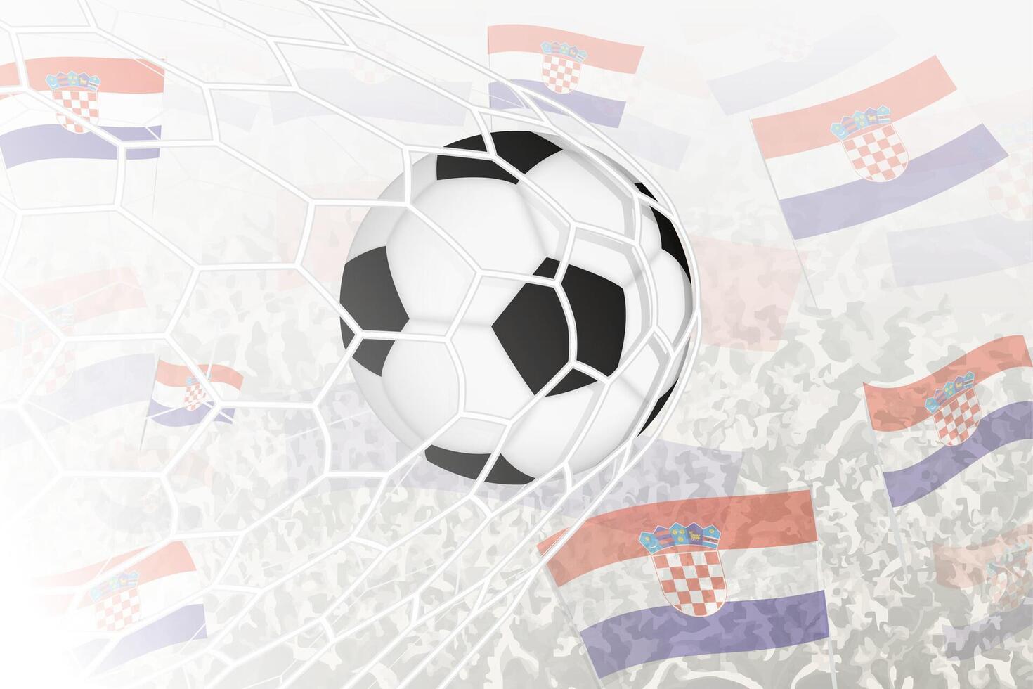 nacional futebol equipe do Croácia marcou meta. bola dentro objetivo líquido, enquanto futebol apoiantes estão acenando a Croácia bandeira dentro a fundo. vetor