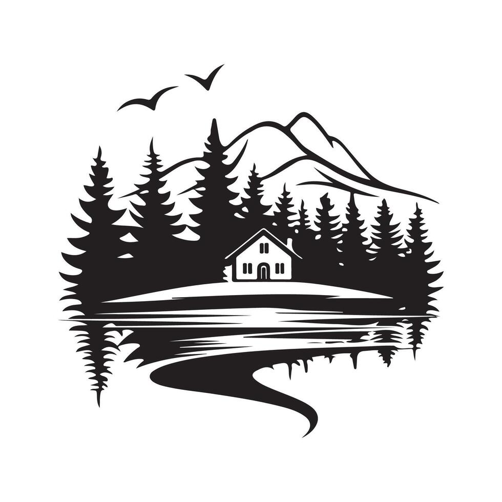 cabine e pinho floresta Projeto logotipo em vintage branco fundo vetor