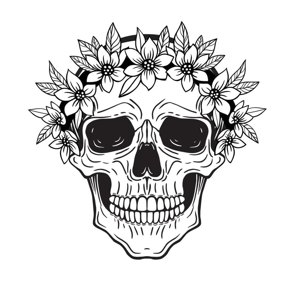 crânio dentro flor guirlanda, mão desenhado monocromático ilustração, coloração página vetor