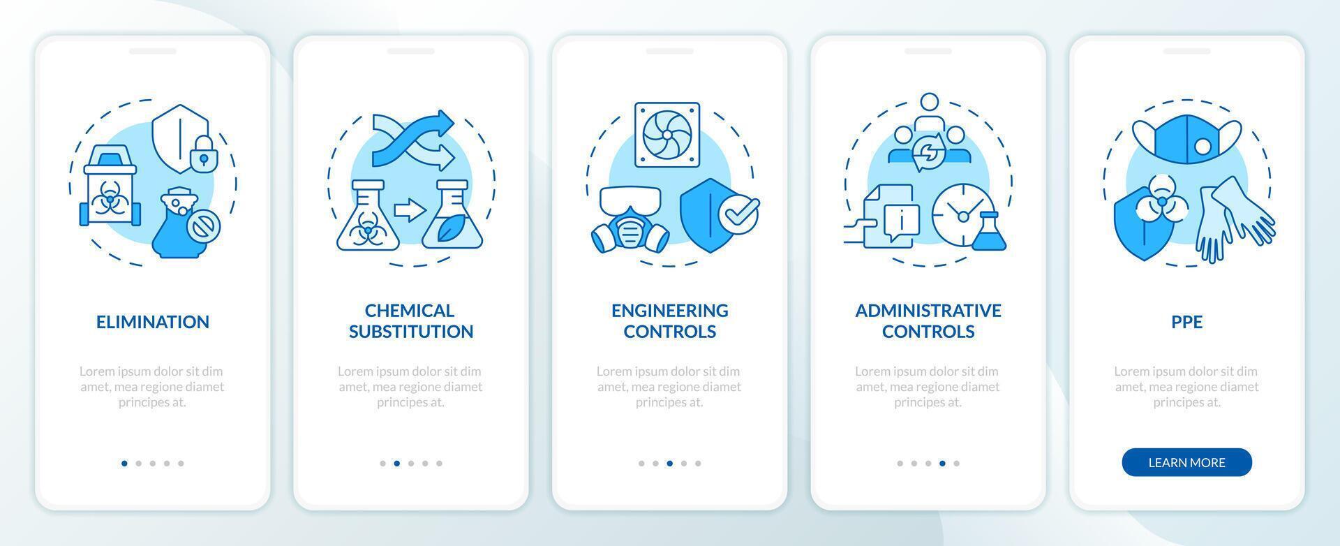 produtos químicos administrativo ao controle azul onboarding Móvel aplicativo tela. passo a passo 5 passos editável gráfico instruções com linear conceitos. interface do usuário, ux, gui modelo vetor