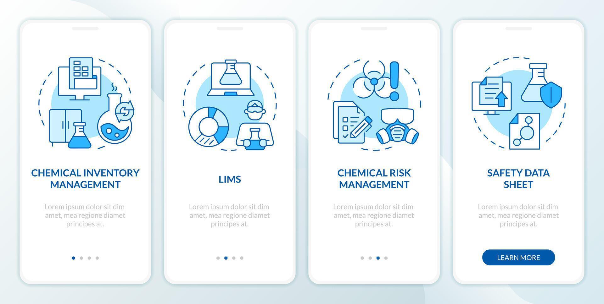 Ciência risco gestão azul onboarding Móvel aplicativo tela. passo a passo 4 passos editável gráfico instruções com linear conceitos. interface do usuário, ux, gui modelo vetor